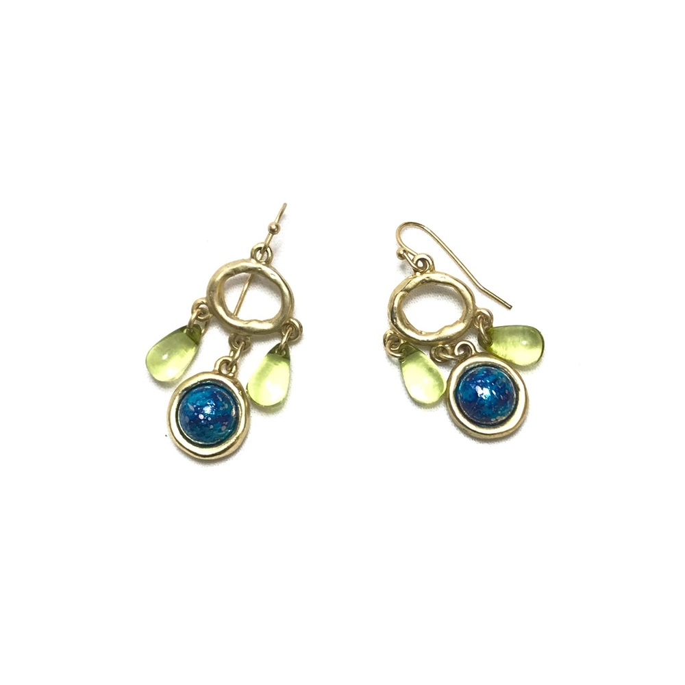 Blue speckled marble, clear green and gold toned dangle earrings